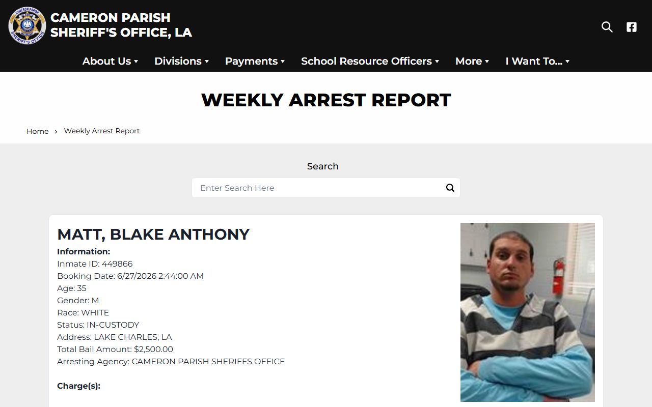 Cameron Parish arrest records weekly arrest report source