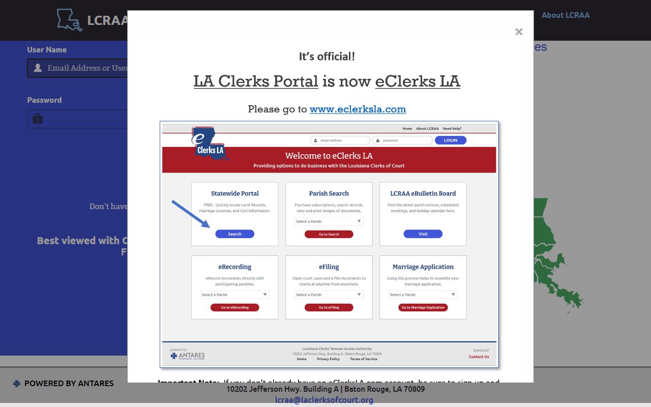Cameron Parish court records search through the LCRAA statewide portal