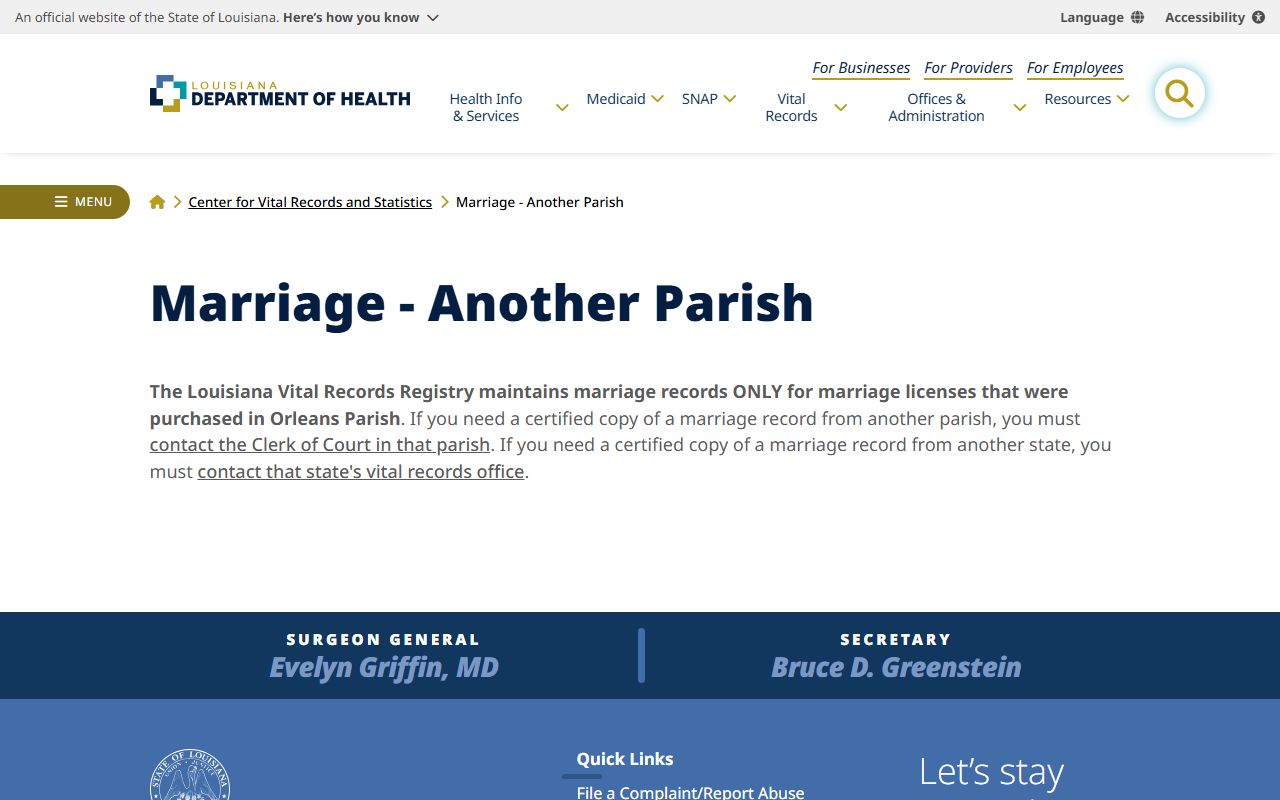 Cameron Parish marriage records LDH non-Orleans parish guidance