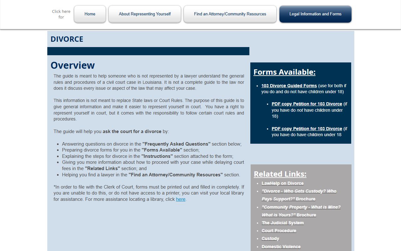 Cameron Parish marriage and divorce records 38th JDC divorce self-help page