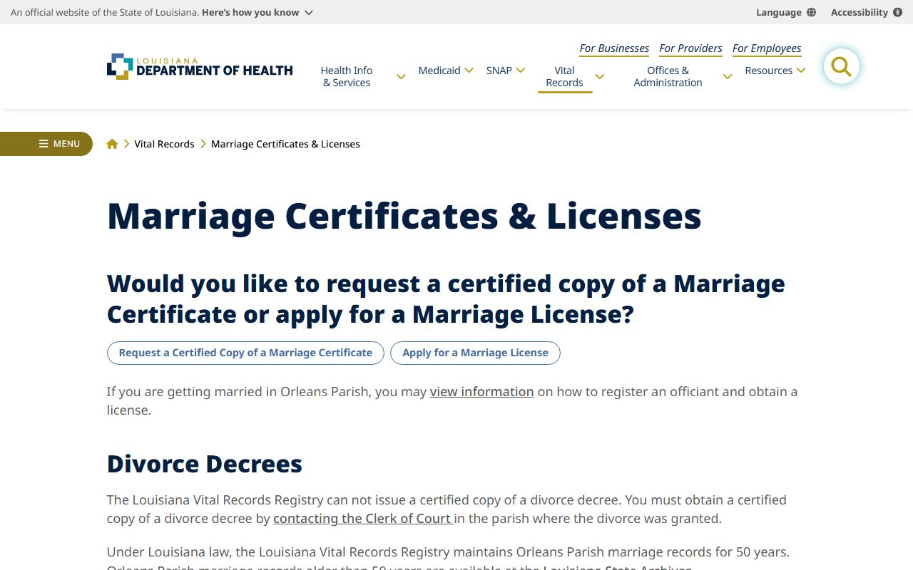 Cameron Parish marriage and divorce records LDH divorce decree guidance
