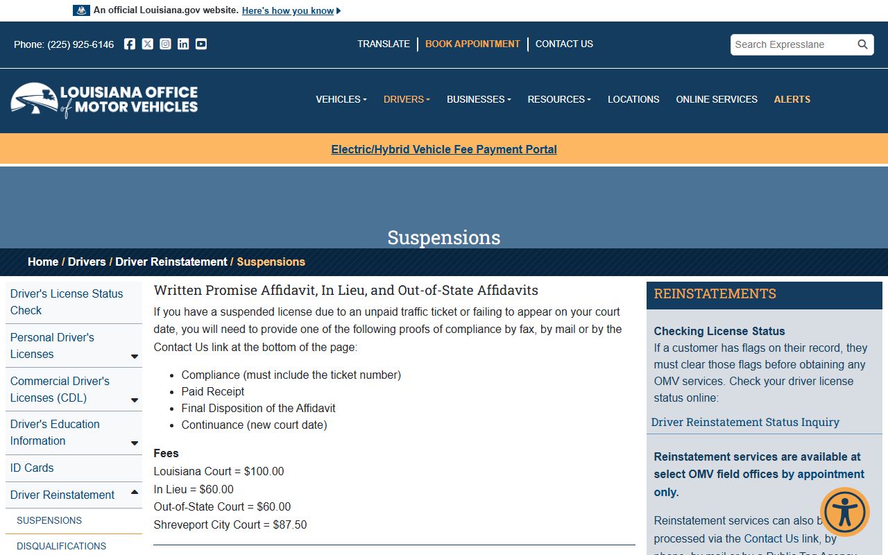Cameron Parish traffic court records OMV driver reinstatement page