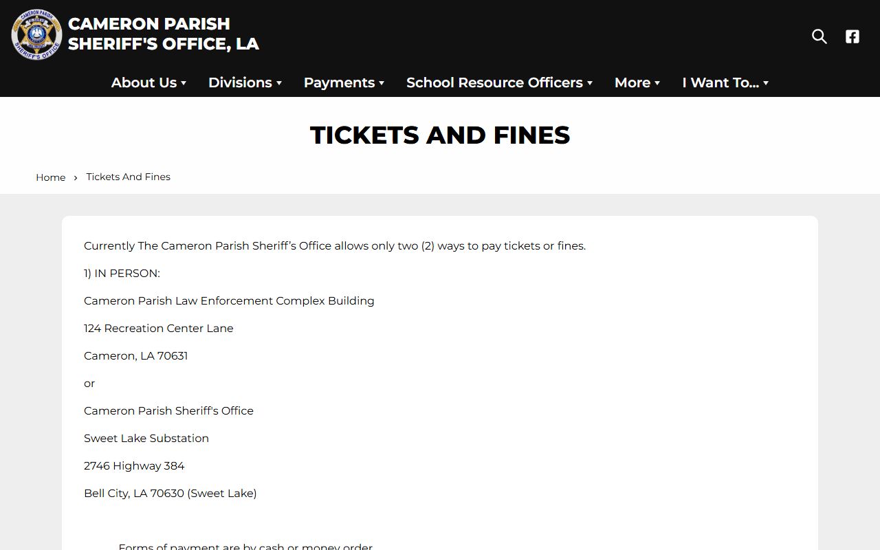 Cameron Parish traffic court records sheriff tickets and fines page
