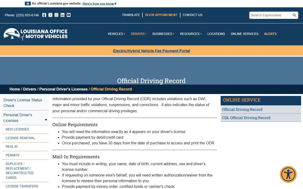 Cameron Parish traffic court records OMV official driving record instructions