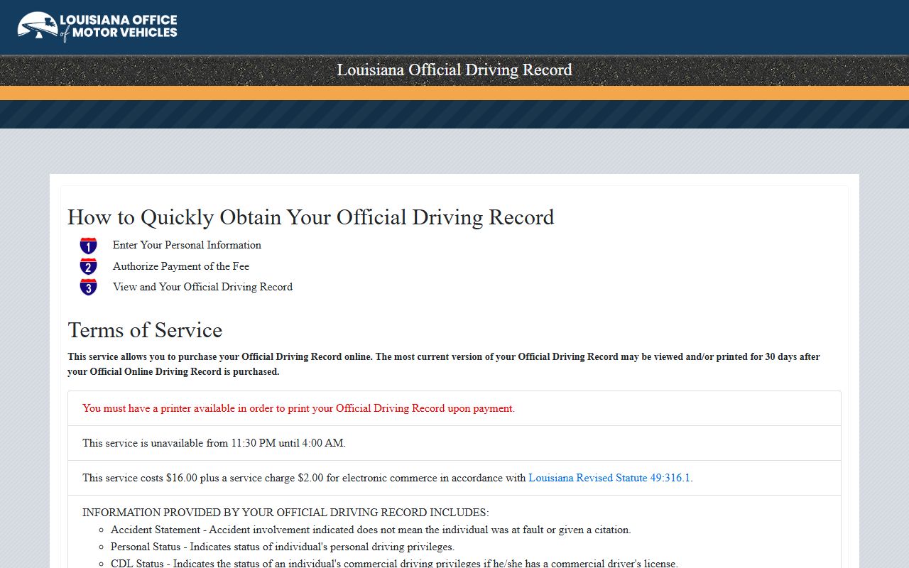 Cameron Parish traffic court records Louisiana OMV official driving record portal
