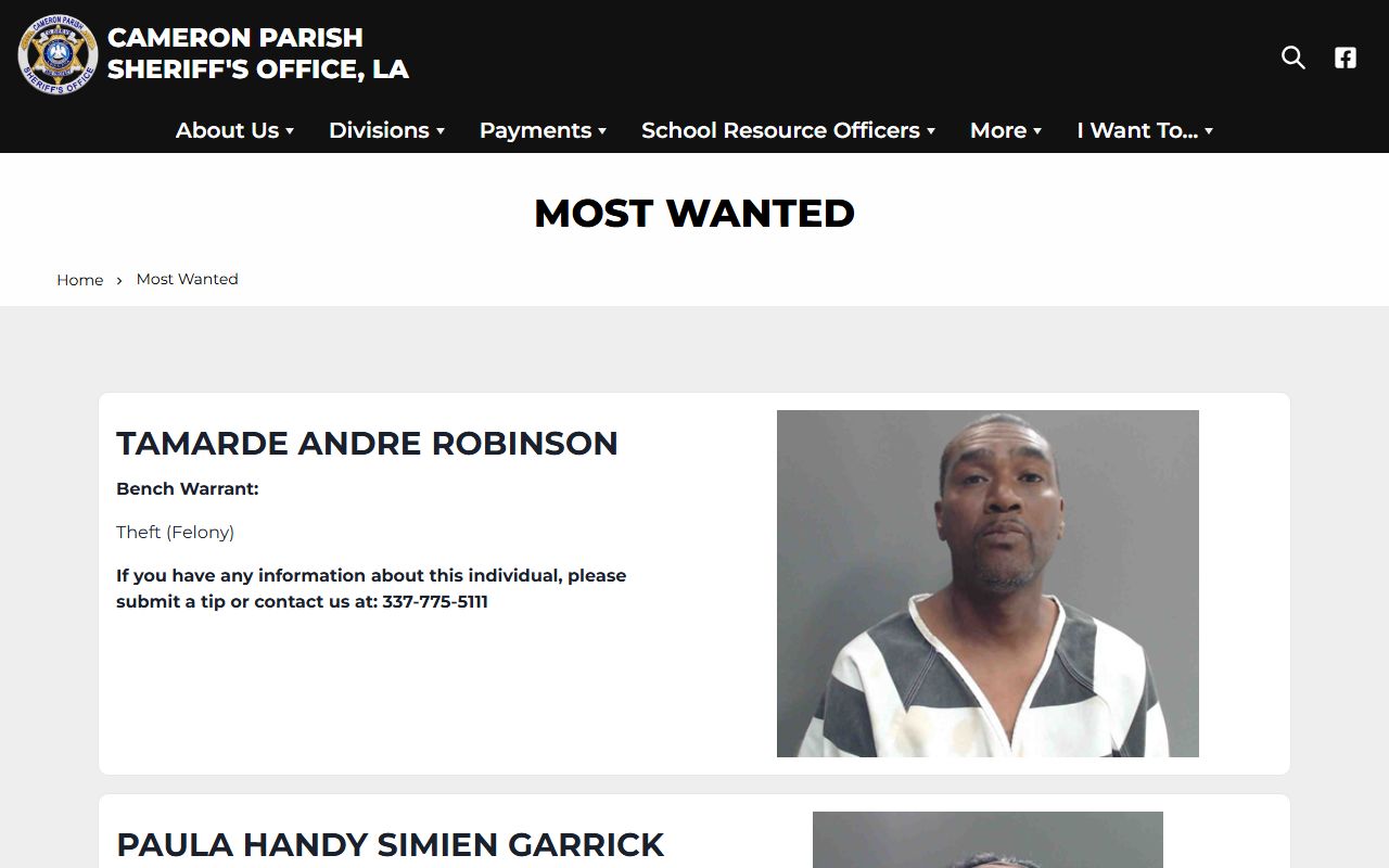 Cameron Parish warrant search sheriff Most Wanted page